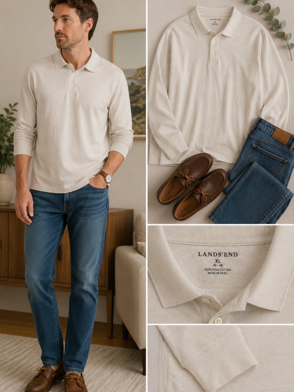 Lands' End Pima Cotton Long Sleeve Polo Shirt XL Cream Classic Preppy Casual